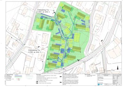 Situasjonsplan som viser tomtens grenser, eksisterende og planlagt bebyggelse, samt infrastruktur som stikkledninger og vannledninger.