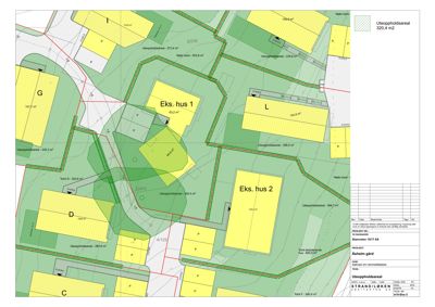 Situasjonsplan som viser tomtedeling, arealer og plassering av eksisterende hus.