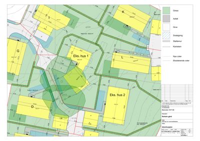 Situasjonsplan som viser tomtedeling, eksisterende og nye bebyggelser (hus), samt arealbruk (gress, asfalt, grus) med tilhørende dimensjoner og legemål.