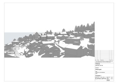 En 3D-visualisering (rendering) som viser et perspektivutsnitt av et boligfelt med flere hus, trapper og omgivelser.