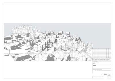 3D-visualisering (rendering) av et bygningsfelt sett fra en høyde, med skisseaktig stil.