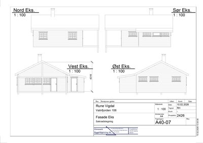 Fasadetegning som viser bygningens utsyn fra nord, sør, vest og øst med mål og detaljer.