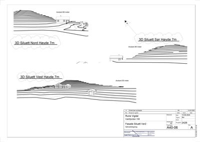 Situasjonsplan med 3D-siluetter av bygningene sett fra ulike vinkler (Nord, Sør, Vest) for å vise fasadeoppsettet i forhold til terrenget.