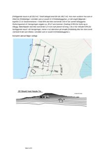 Situasjonsplan som viser tomtens form, grenser, høydeforskjeller (konturlinjer), plassering av bygninger (hus og naust) med mål, samt en 3D-silhuett av bygningene sett fra vest.