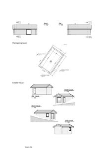 Bildet viser en tegning med oppriss av en bygning sett fra fire sider (Nord, Sør, Øst, Vest), samt en plantegning og snittlinjer.