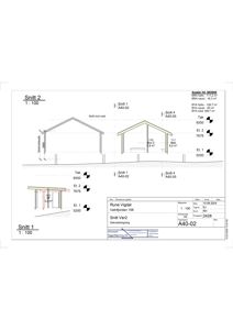Snittegning (Snitt 1 og Snitt 2) som viser tverrsnittet av bygningen, takhøyder, etasjer og konstruksjonsdetaljer.