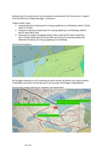 Bildet viser to kartutsnitt: øverst et utsnitt fra kommuneplanen som viser arealregulering (grønne og blå soner), og nederst en situasjonsplan med topografi, vei og eiendomsinndeling.