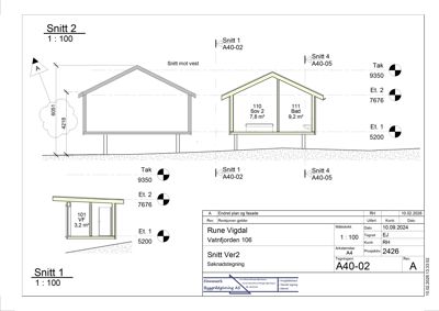 Snittegning (Snitt 1 og Snitt 2) som viser bygningens tverrsnitt, høyder, romfordeling og konstruksjon.