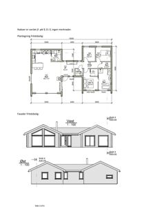 Plantegning av etasjen med romfordeling, mål og fasadetegninger (Vest og Øst) for en fritidsbolig.