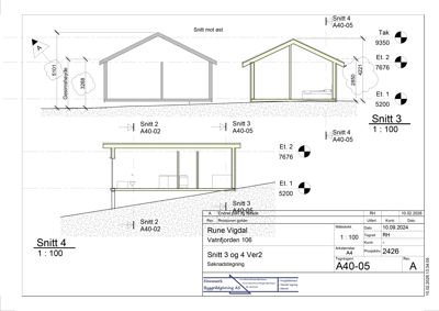 Snittegning (Snitt 3 og 4) som viser bygningens tverrsnitt, høyder og konstruksjon.