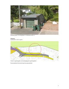 Bildet viser en side fra en byggesak som inneholder et fotografi av en garasje og en utskrift av en reguleringsplan (kart) med bygningsplassering og vegnett.