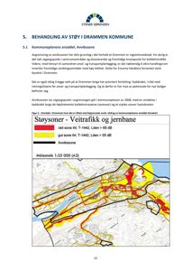 Et kart som viser støysoner (raud og gul) i Drammen kommune, basert på trafikk og jernbane.