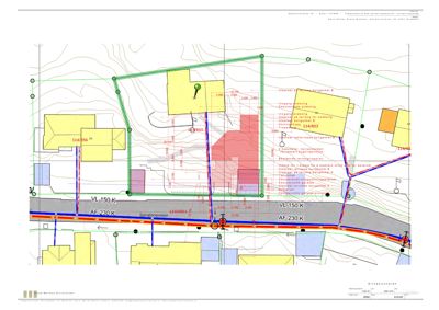 Situasjonsplan som viser tomtens beliggenhet, topografi (konturlinjer), eksisterende og nye bygninger med arealoppdelinger, veier (Sanatorieveien) og tilknyttede eiendommer.