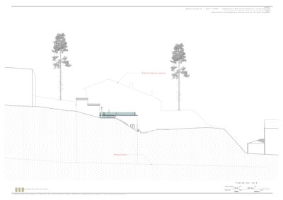 Snittegning som viser bygningens plassering i terrenget sett fra sør mot nord.