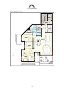 Etasjeplan (plantegning) som viser romfordeling, veggposisjon og møblering for etasje 2.