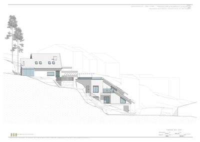 Fasadetegning som viser bygningens utseende og form fra utsiden.