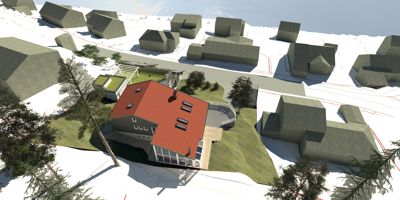 3D-visualisering av et hus med rødt tak sett fra lufta, med omgivende bebyggelse og terreng.