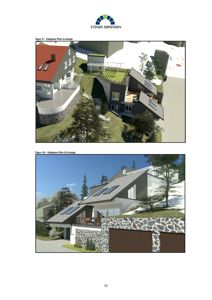 3D-visualiseringer (renderinger) av et hus sett fra utsiden, vist i to etasjer.