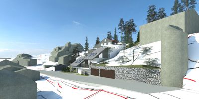 3D-visualisering av et boligområde med flere hus på en skråning, sett fra gatenivå.