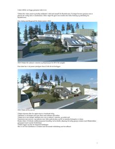 3D-visualisering av et hus med tilhørende garasje og omgivelser, inkludert tekstbeskrivelser av tiltak.