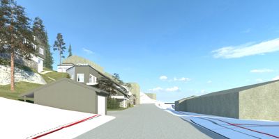 3D-visualisering av en boligbebyggelse i et skrått terreng.