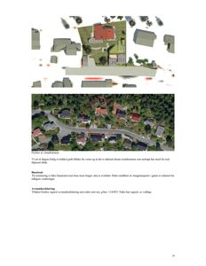 Bildet viser en situasjonsplan med et flyfoto av eiendommen og nabolaget, samt tekst om avstandserklæring og bussrute.