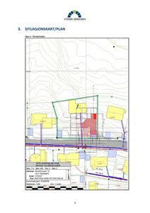 Situasjonskart som viser tomtens beliggenhet, grenser, høydeforhold og naboeiendommer.