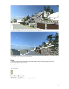 3D-visualisering av et planlagt hus med solceller og garasje, inkludert tekstbeskrivelser under bildene.