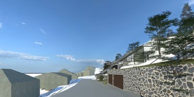 3D-visualisering av et boligområde med hus, vegger og trær.