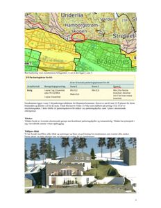 Bildet viser en situasjonsplan eller et kart over et område (Underlia, Strøtvet, Bragernes) med parkeringskrav og eiendomsbeliggenhet, samt en illustrasjon av et hus.
