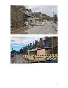 To fotografier av en bestående garasje ved siden av en vei, med en tekstbeskrivelse under hver bilde.