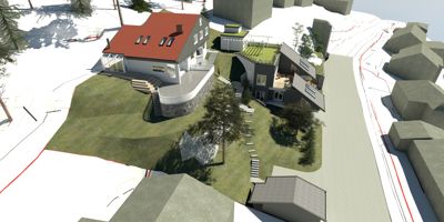 3D-visualisering av et boligkompleks på en skråning med snødekke.