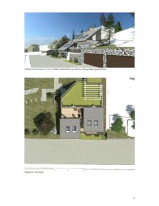 Bildet viser to tegninger: øverst en fasadevisning av et taktiltak, og nederst en takplan (etasjeplan for taket) som viser romfordeling og takkonstruksjon.