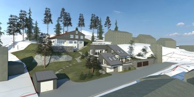 3D-visualisering av et boligområde med flere hus på en skråning.