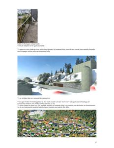 Bildet viser en side med tekst og tre bilder: et fotografi av en balkong, en 3D-rendering av et hus, og et flyfoto av et boligområde.