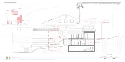 Snittegning (Snitt 203) som viser tverrsnitt gjennom en bolig, inkludert høyder, etasjer og forhold til terrenget.