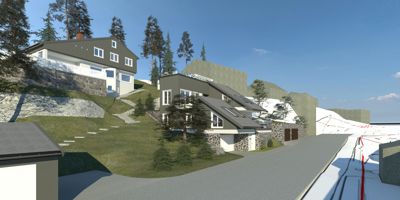 3D-visualisering av et boligkompleks på en skråning med omgivende natur.