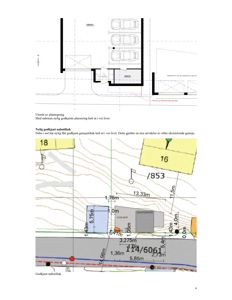Bildet viser to deler av en situasjonsplan. Øvre delen viser et utsnitt av plantegning med naboens garasje, mens nedre delen viser et godkjent nabotiltak med detaljerte mål og grenser.