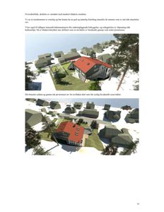 3D-visualisering av et planlagt bygg og omgivelsene, inkludert tekstbeskrivelse.