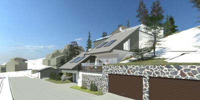 3D-visualisering av en planlagt bolig med garasje og omgivelser.