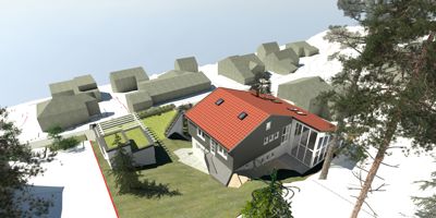 3D-visualisering av et hus i et nabolag med snødekke.