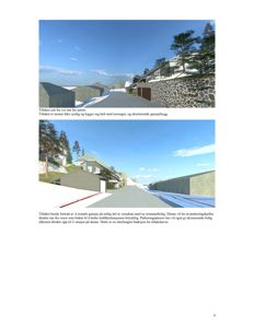 3D-visualisering av et tiltak (garasje og tomannsbolig) sett fra veien, med tilhørende beskrivende tekst.