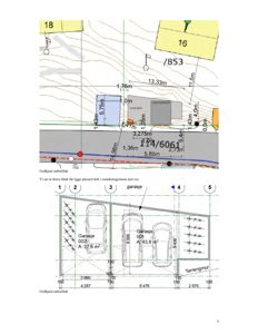 Situasjonsplan som viser tomtens grenser, naboeiendommer, veier, og plassering av en garasje med angitte mål.