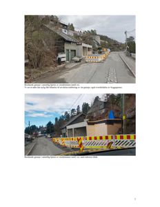 Fotografier av en bestående garasje i sørlig hjørne av eiendommen, samt naboens tiltak og veibeskyttelse.