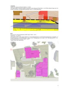 Situasjonsplan som viser bygningens plassering på tomten, med fargekodet arealoppdeling (BYA) og tekstmessig forklaring av regnestykker.