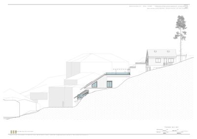 Fasadetegning som viser bygningens utseende og form sett fra utsiden, med terrengformet.