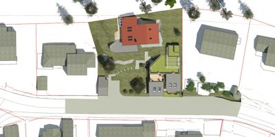 Situasjonsplan som viser en nybygd eller planlagt bolig på tomtegrunn, med omgivende bebyggelse og infrastruktur.