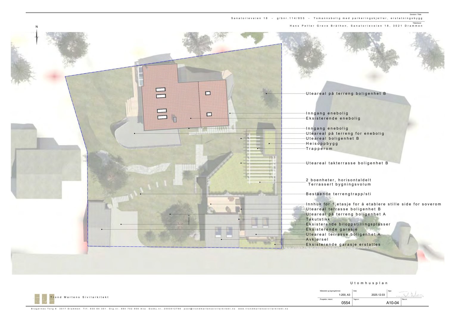 3D-visualisering (rendering) av et utomhusplan med bygning, terreng og omgivelser.