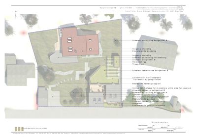 3D-visualisering (rendering) av et utomhusplan med bygning, terreng og omgivelser.