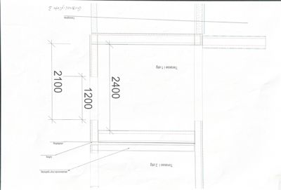 Snittegning som viser detaljer for en terrasse og vindusområde med mål og konstruksjonsdetaljer.